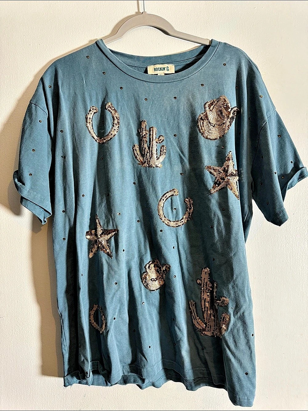 Rockin C Western Pattern Oversized Tunic T Shirt Sequin Graphic Tee in Blue &